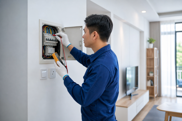 Thợ điện kiểm tra bảng điện dân dụng để khắc phục sự cố điện tại Cần Thơ