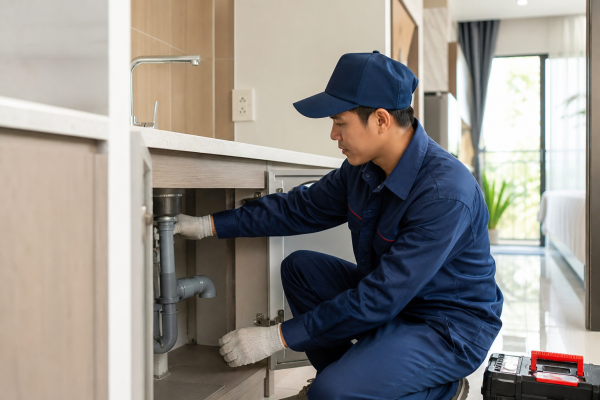 Thợ sửa điện nước tại nhà đang kiểm tra đường ống nước và hệ thống điện trong nhà ở Cần Thơ