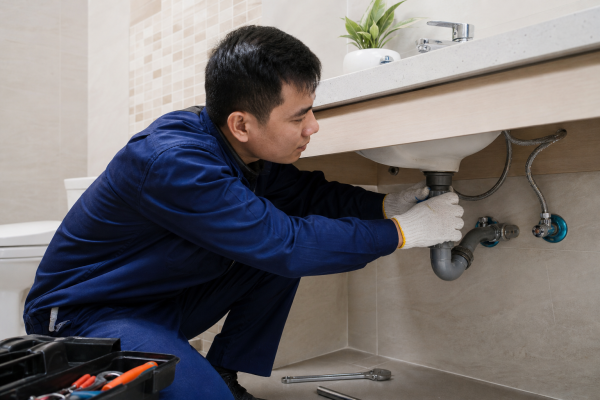 Thợ sửa ống nước đang kiểm tra và xử lý sự cố bồn lavabo tại Cần Thơ