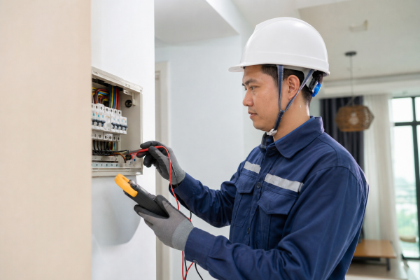 Thợ điện kiểm tra bảng điện và aptomat để khắc phục sự cố điện tại nhà