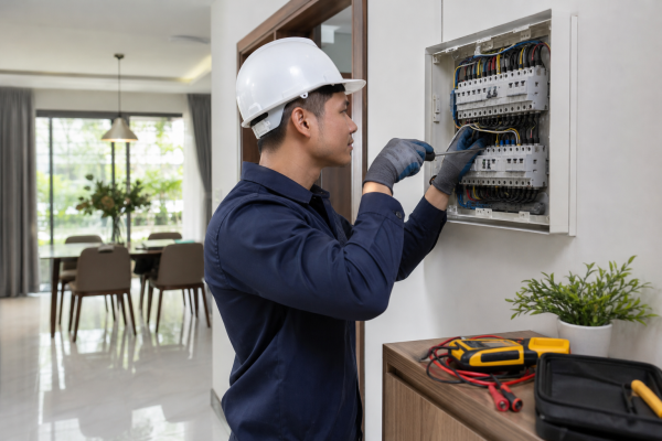 Thợ điện chuyên nghiệp đang kiểm tra bảng điện tại nhà ở Cần Thơ