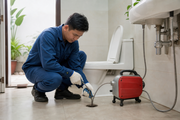 Kỹ thuật viên đang thông cống nghẹt tại nhà ở Cần Thơ