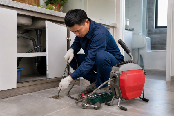 Kỹ thuật viên kiểm tra và thông cống nghẹt tại nhà ở Cần Thơ